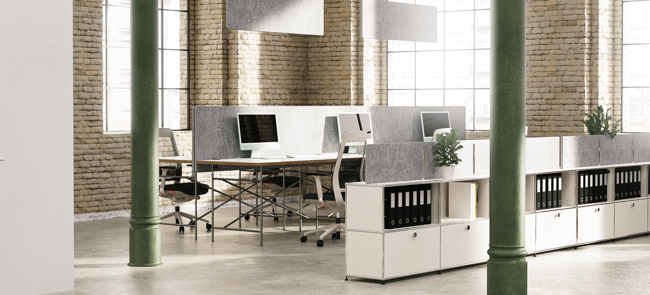 Großraumbüro, Coworking mit Akustikplatten an Schreibtischen, Schalldämmung, USM ,Akustikplatten, made in Leipzig