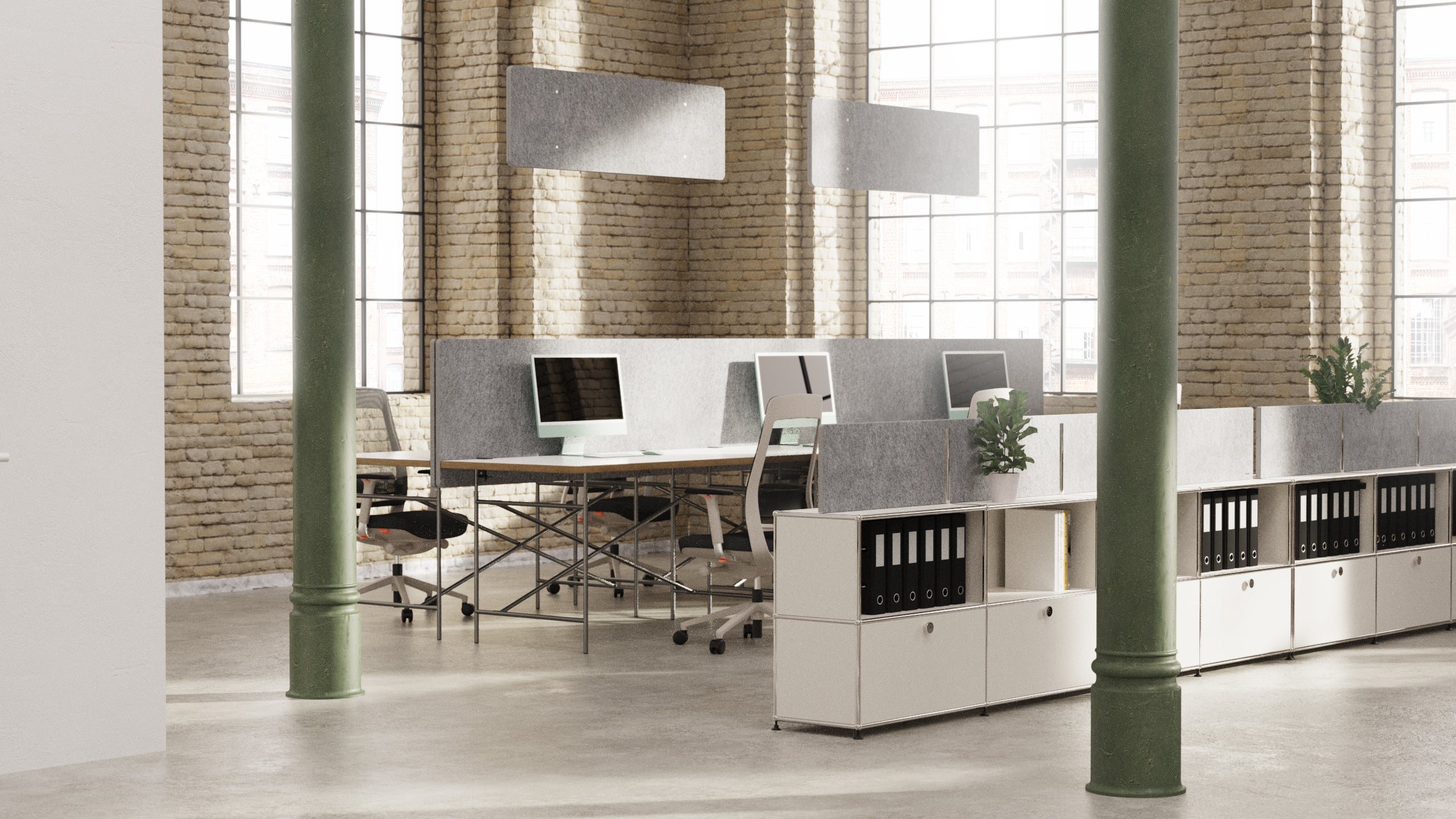 Büroraum in alter industriehalle, ausgestattet mit FLEX FIX, FLEX QUICK USM und FLEX LIGHT 